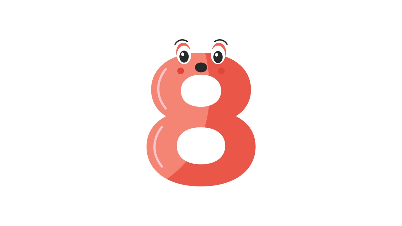 Cute Animated Number Eight Cartoon Character Blinking and Moving Eyebrows