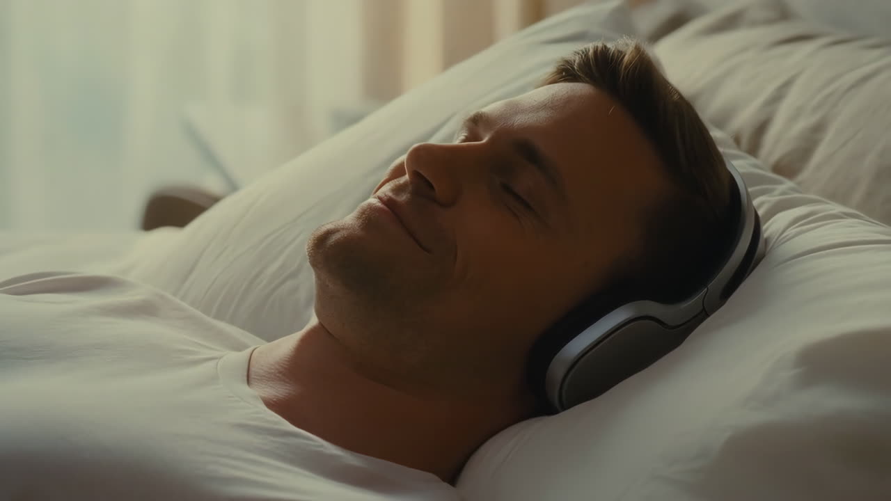 Kaukasisk mand liggende i seng, iført over-ear-høretelefoner, med lukkede øjne og et mildt smil, i blødt morgenlys.