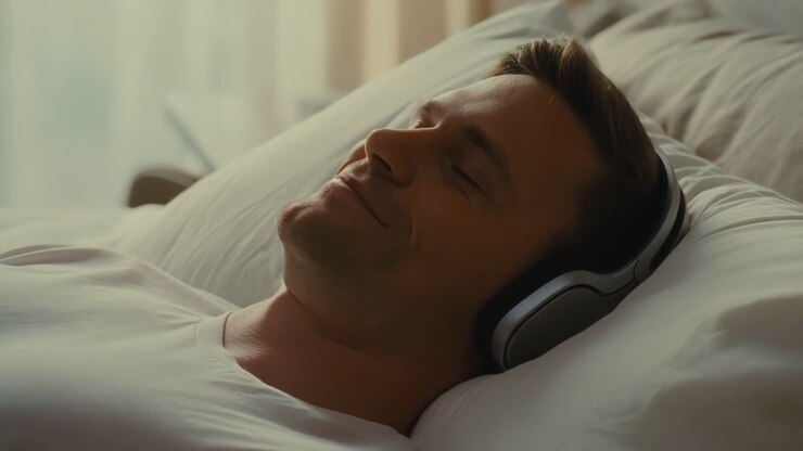 Homem Caucasiano Deitado na Cama, Usando Fones de Ouvido Over-ear, Olhos Fechados Com Sorriso Gentil, Luz Suave da Manhã