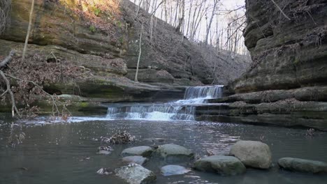 Forest-river-splashing-and-cascading-down-stone-steps-to-water-pond