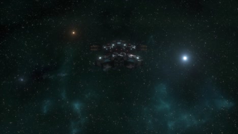 buque de carga volando hacia la cámara en el espacio profundo