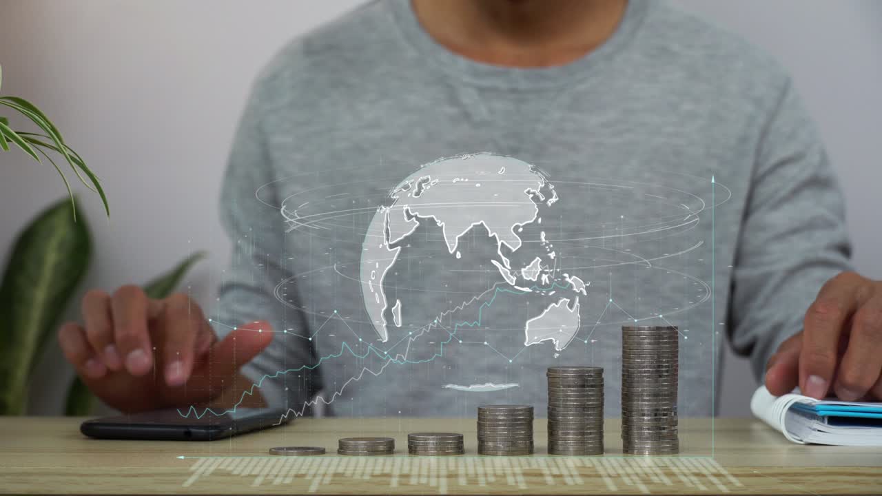 un holograma de datos de análisis de negocios. concepto de crecimiento de negocios. aumento de la pila de monedas.