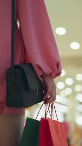 vista trasera de una mujer con una camiseta rosa, llevando bolsas de compras coloridas en ambas manos mientras camina a través de un centro comercial brillantemente iluminado, vista borrosa de otros compradores y luces de techo en el fondo