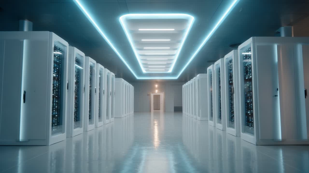 High-Tech Data Center with Rows of Servers Under LED Lighting: A Glimpse into Modern Infrastructure for Cloud Computing and Data Storage Solutions