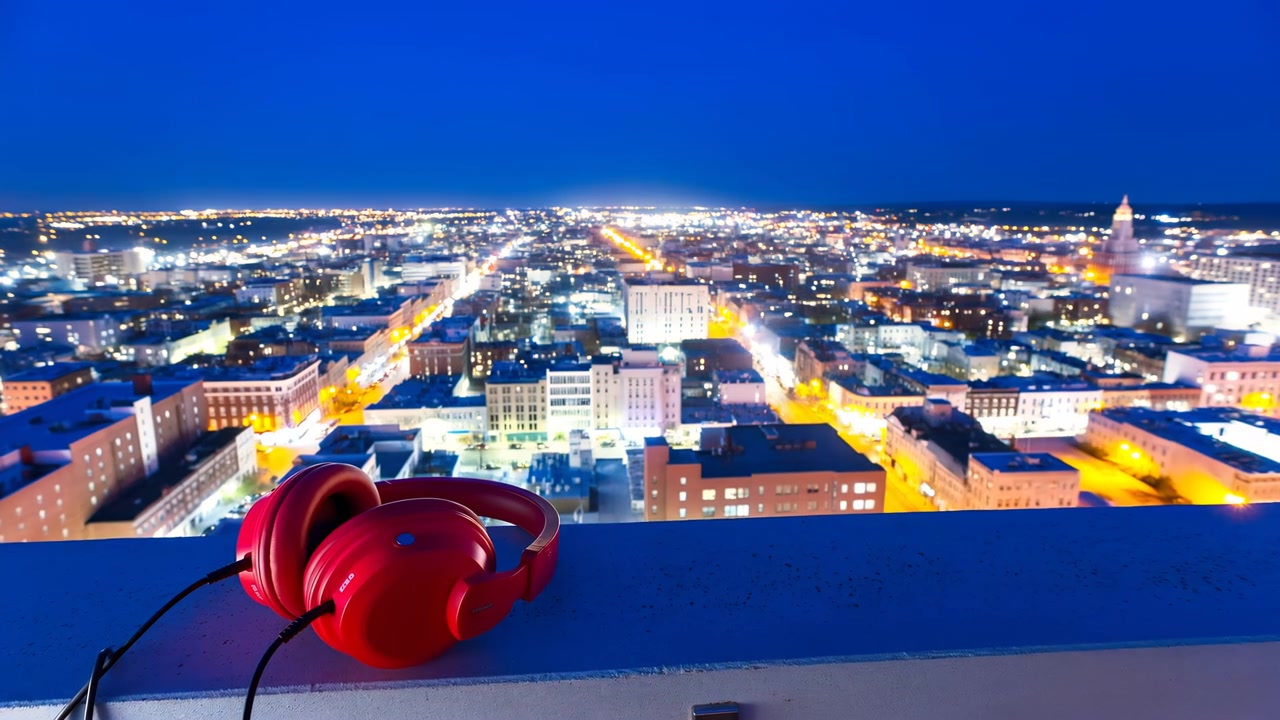 Close view of red headphones placed on speckled concrete rooftop ledge, with expansive city skyline glowing below as dusk deepens into night and streetlights brighten urban grid, with headphone, red