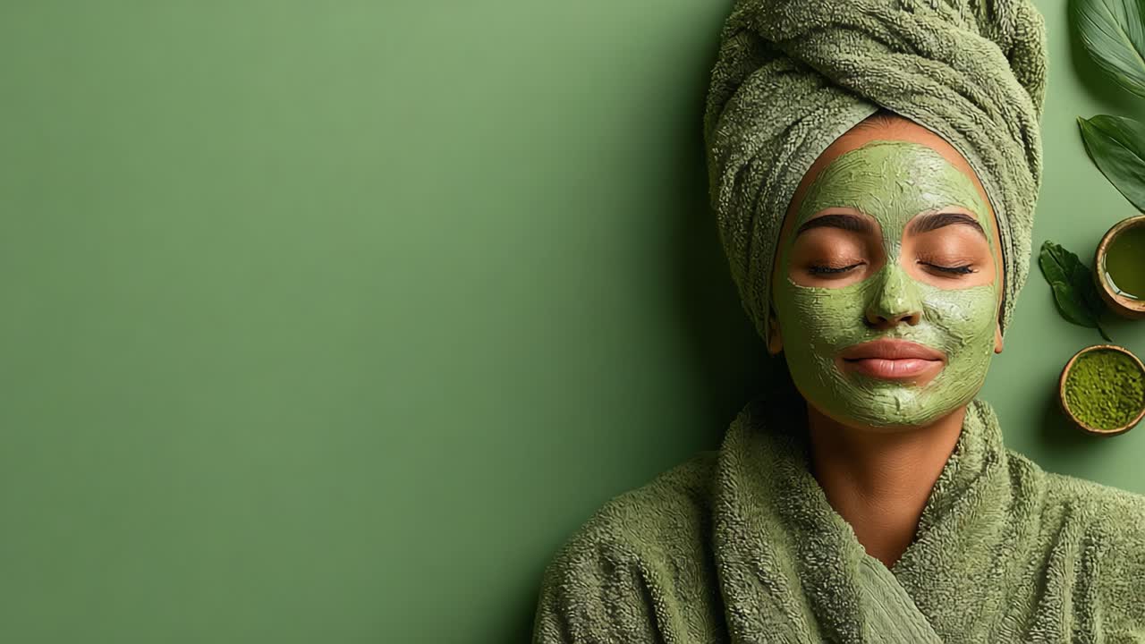 Relaxing Skincare Routine: A Woman Enjoys a Refreshing Green Face Mask Treatment in a Calm Environment Surrounded by Nature's Ingredients