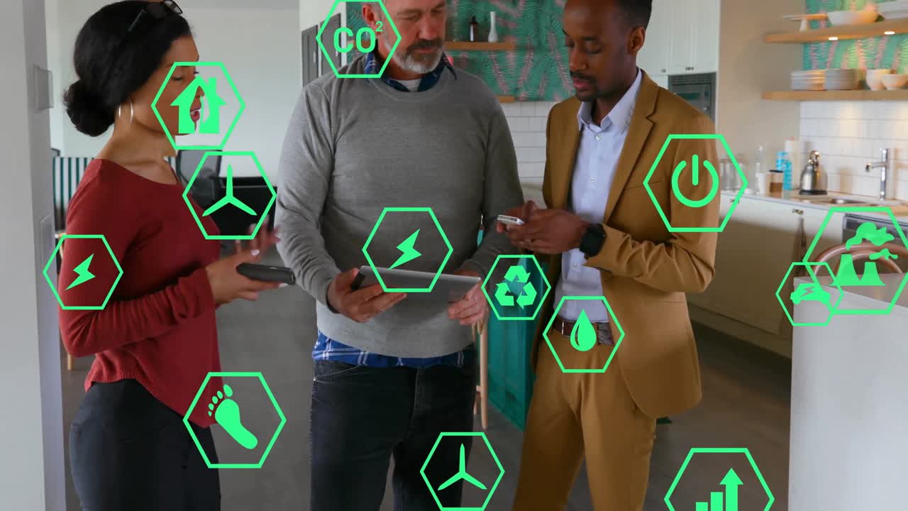 Woman tapping smartphone and launching floating eco icons while colleagues reviewing tablet charts
