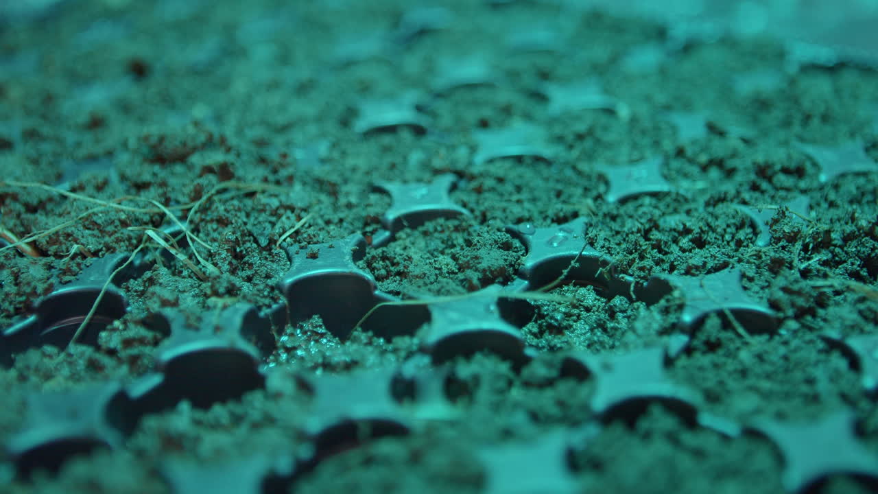 실험실에 있는 사람이 피펫으로 식물 트레이의 한 구획을 관개합니다.