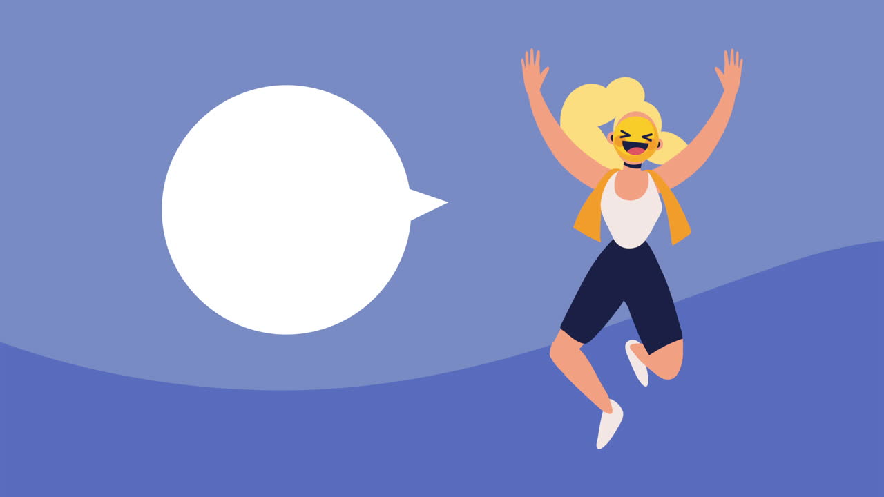 mujer feliz saltando con máscara de emoji