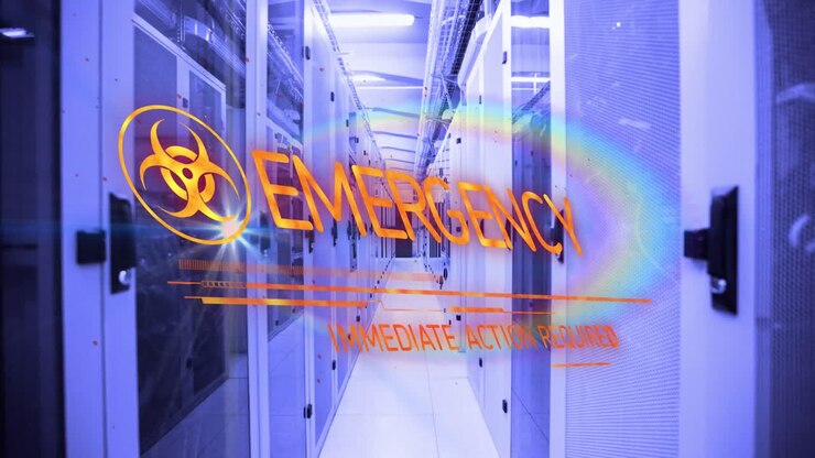 Animation of emergency text and symbol over server room