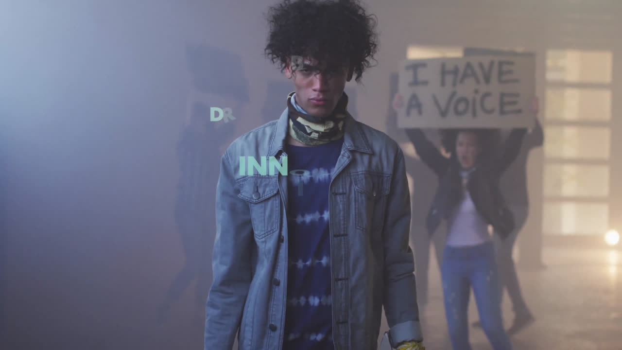 Activists standing in loft, showcasing floating technology innovation word cloud and protest sign