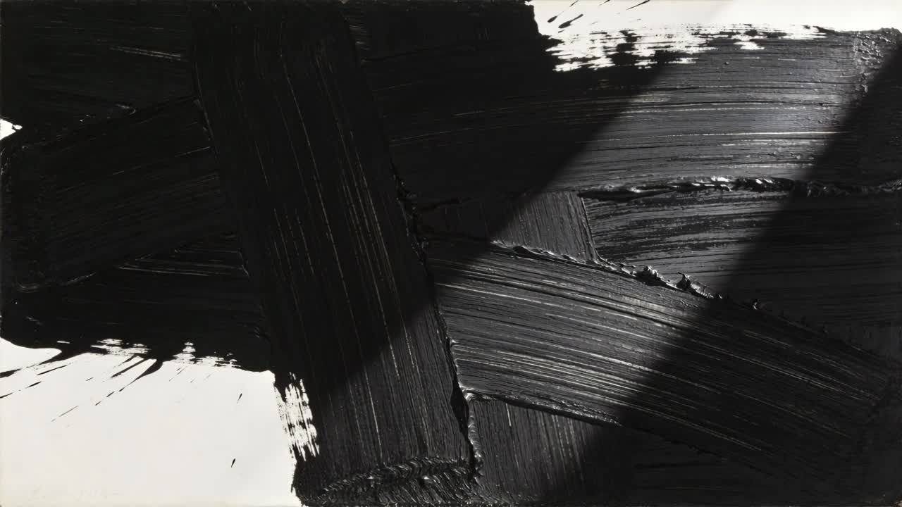 Casting top-right light sliding slant shadow across canvas in studio, revealing thick black strokes
