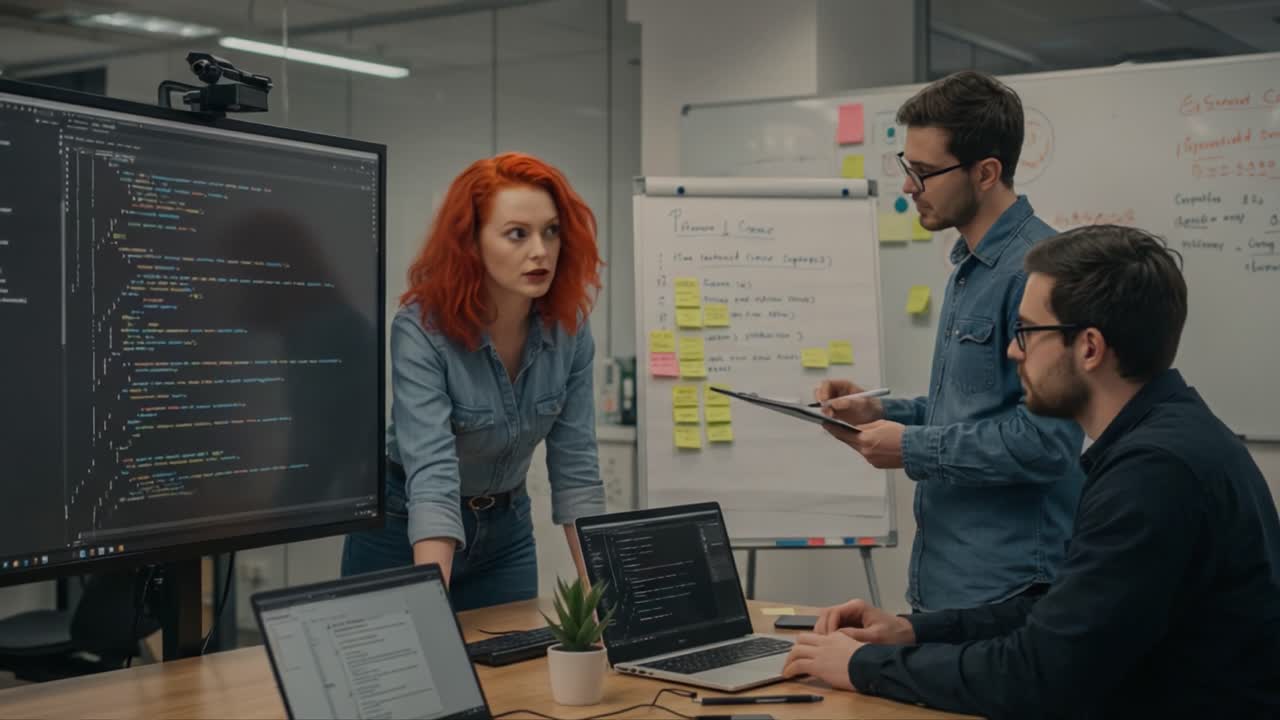 Collaborative Team Meeting: Professionals Engaging in Problem Solving and Development Strategies with Technology in Modern Office Environment