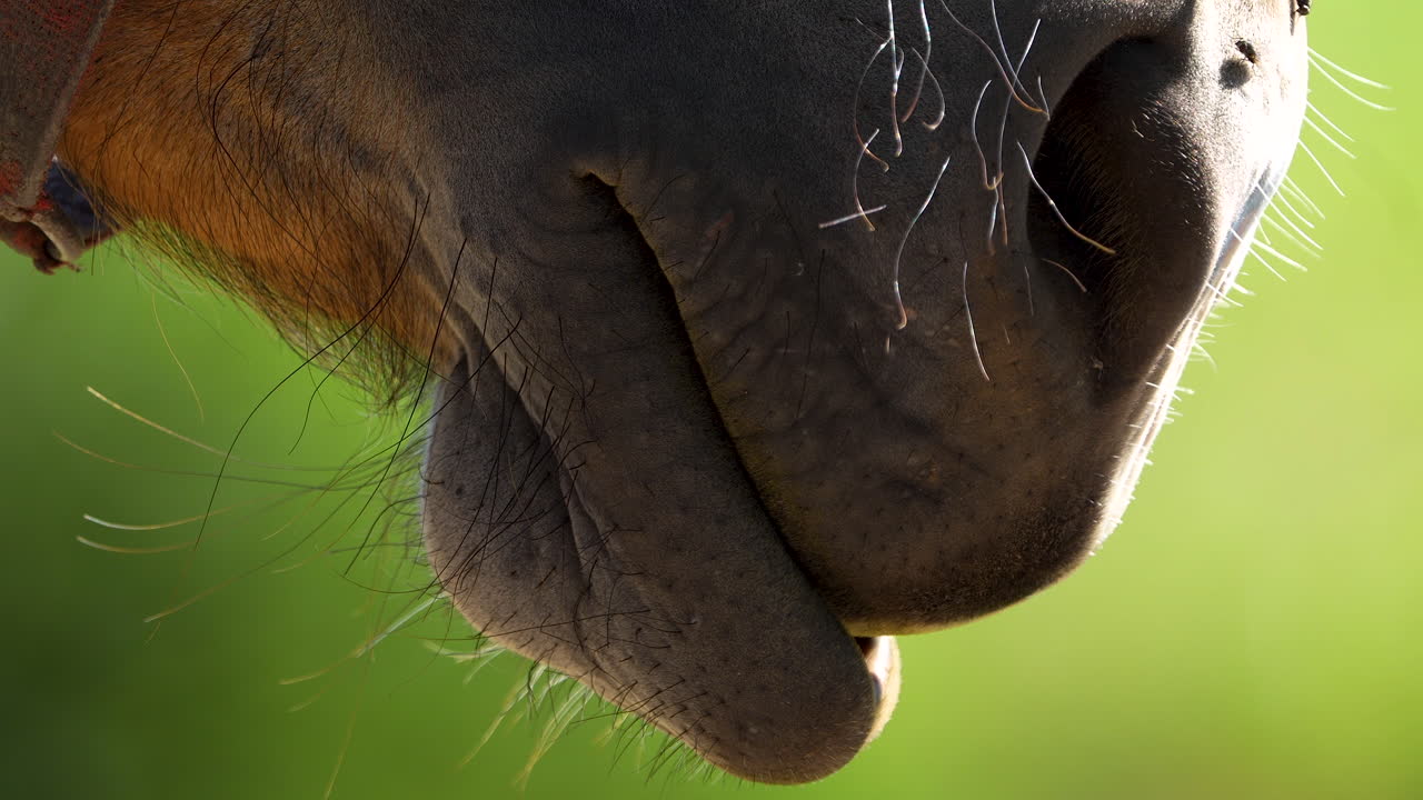 눈에 보이는 수염과 파리를 가진 말의 구의 극단적 인 클로즈업, 자연 빛 아래 피부와 털의 세부적인 질감을 강조합니다.