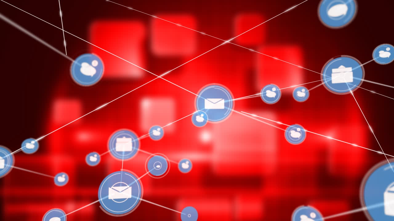 animación de la red de conexiones con iconos sobre formas sobre fondo rojo