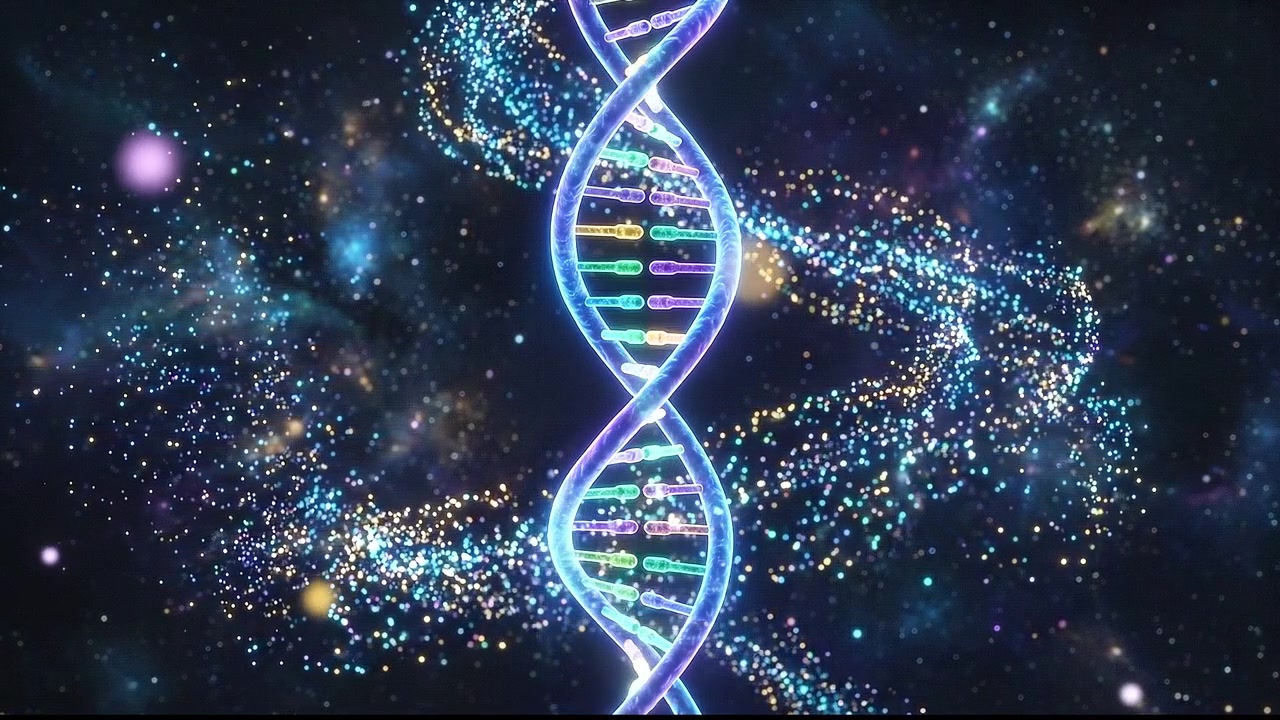 Modello futuristico digitale di DNA a doppia elica che fluttua su uno sfondo di spazio cosmico profondo