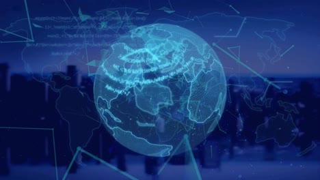 animation of network of connections with globe over cityscape