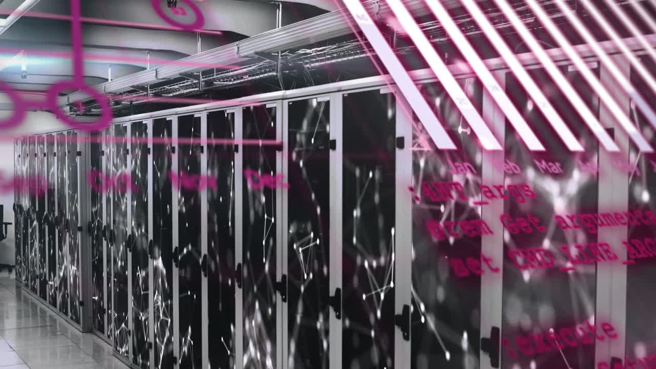 Animation of data processing and diagrams over server room