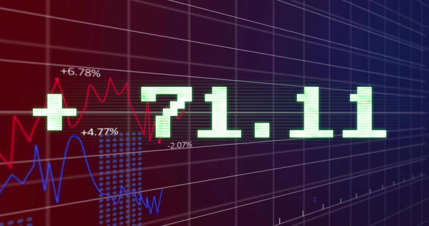 Animatie van financiële gegevensverwerking op een raster over een donkere achtergrond