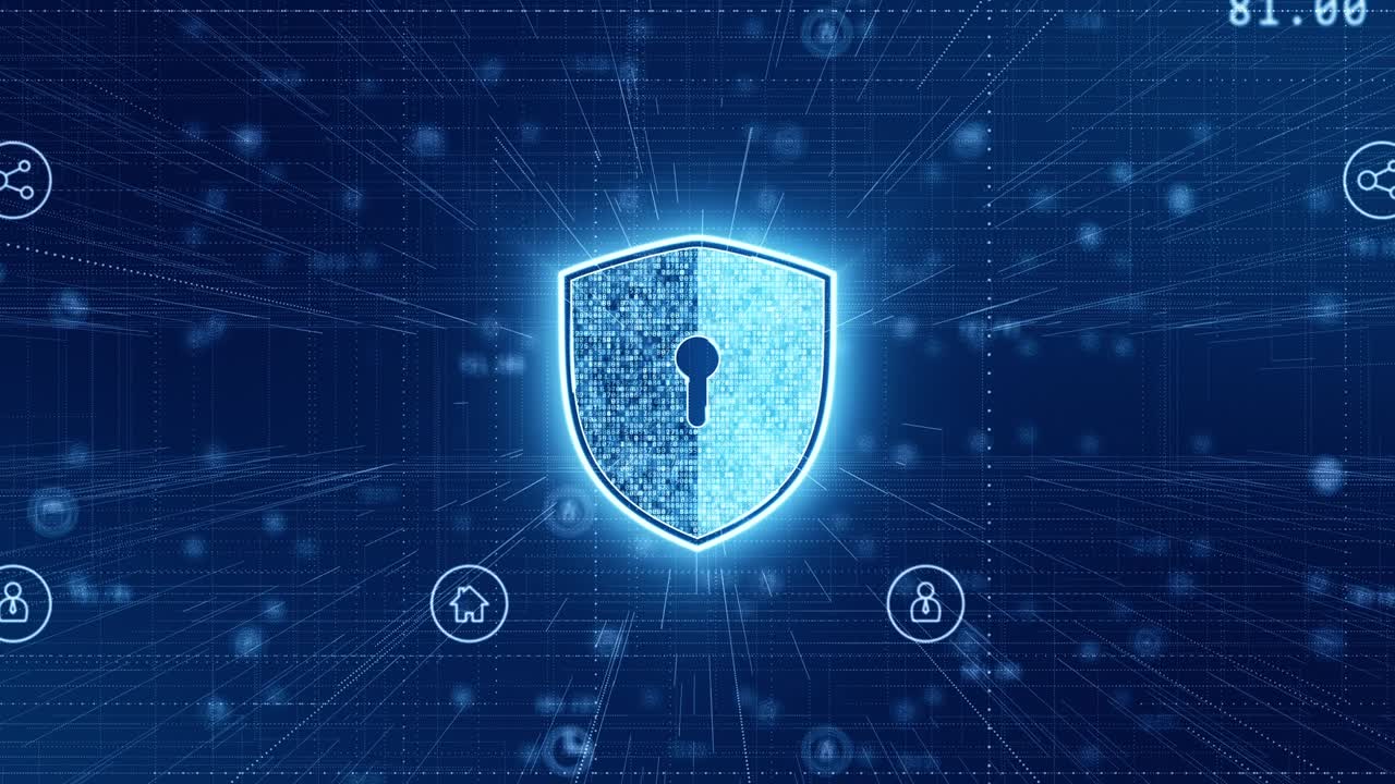 gráfico de movimiento del escudo de seguridad azul icono tecnología elementos futuristas fondo abstracto video de bucle sin costuras