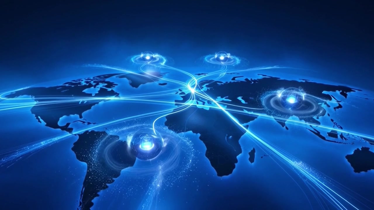 Digital World Map with Glowing Data Network Connections