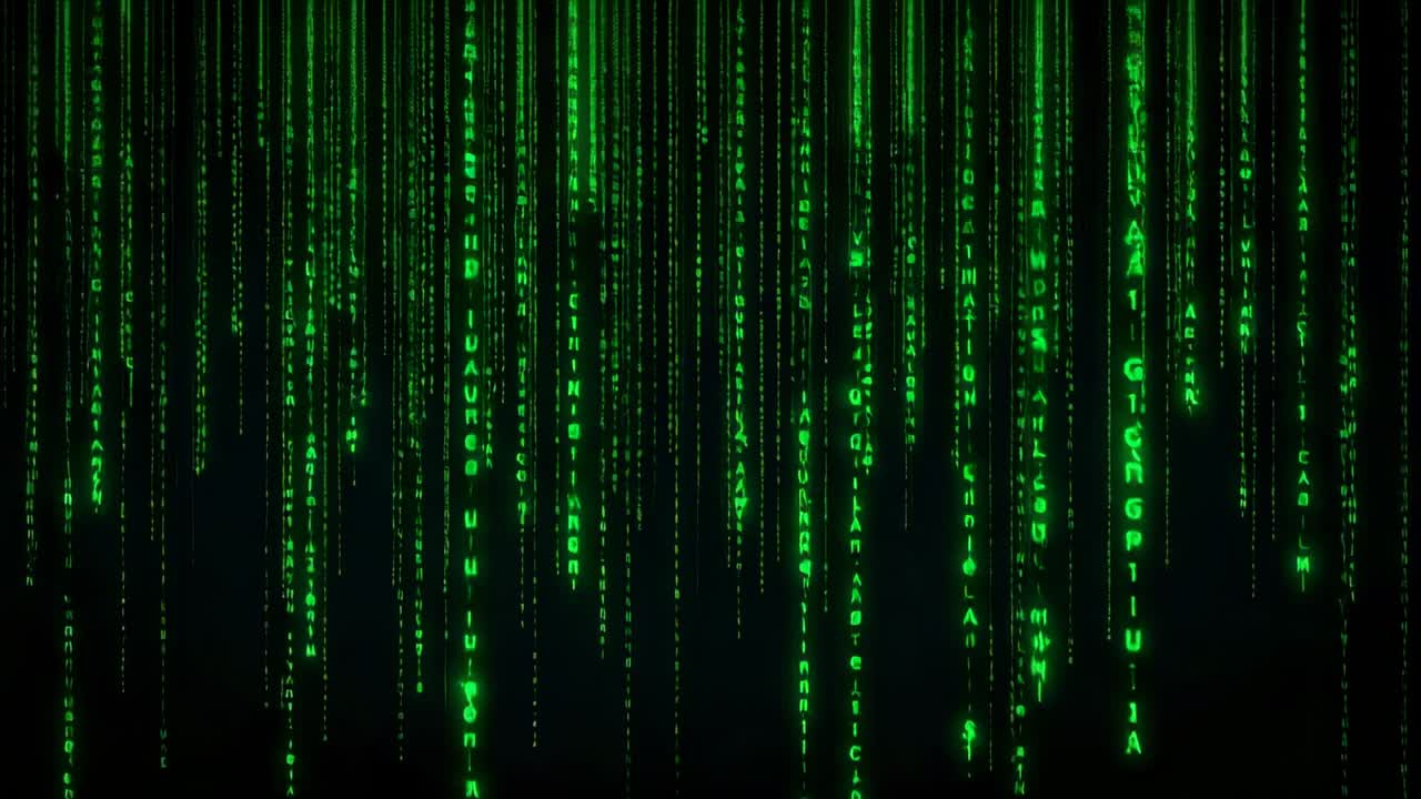 Starting green code columns merging while descending on dark screen, with cascading stripes