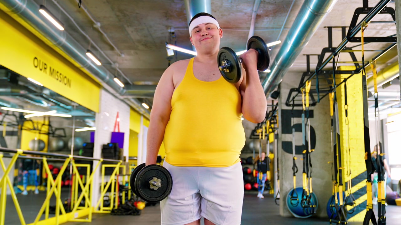 Uomo in sovrappeso che si allena con i manubri in una palestra moderna