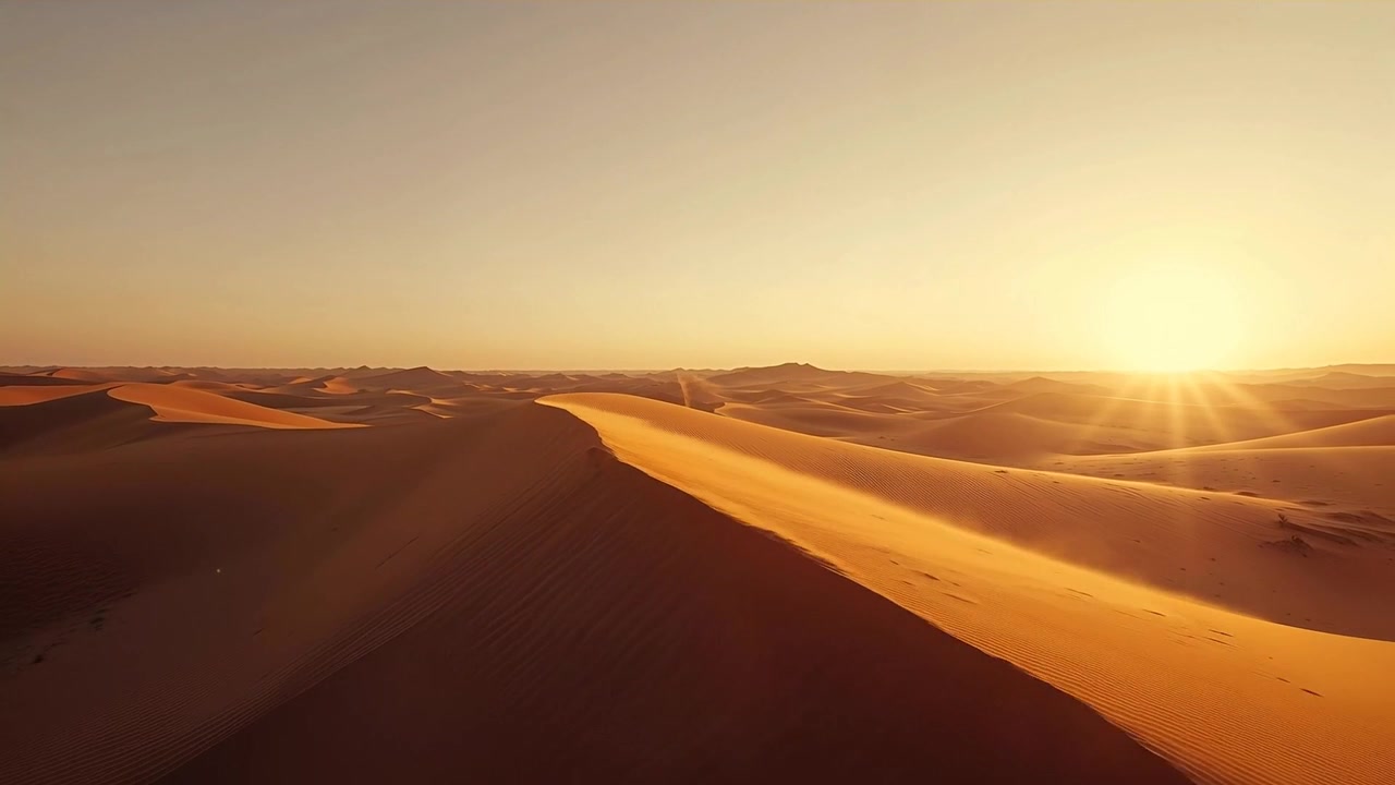 Drone che plana filmando una cresta di duna che scende da una cresta illuminata all'alba, mostrando impronte e raggi di sole.