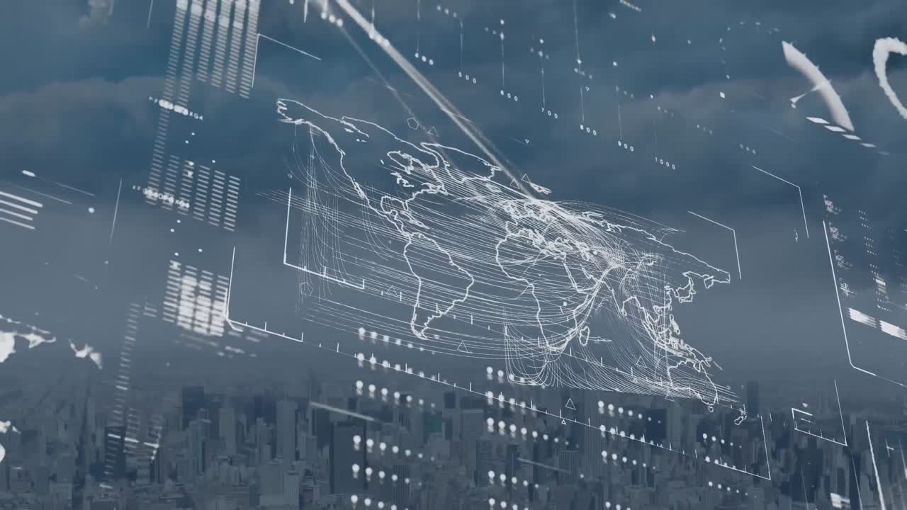 세계 지도의 애니메이션과 도시 풍경에 대한 디지털 데이터 처리.