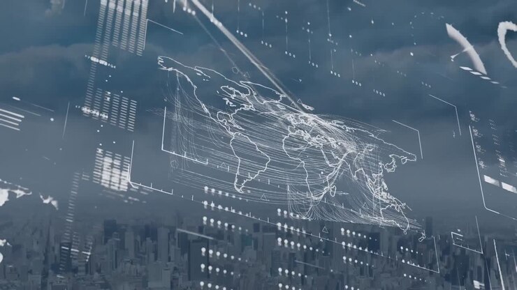 Animation of world map and digital data processing over cityscape