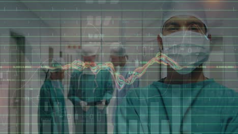animation of financial data processing over businesswoman working in office