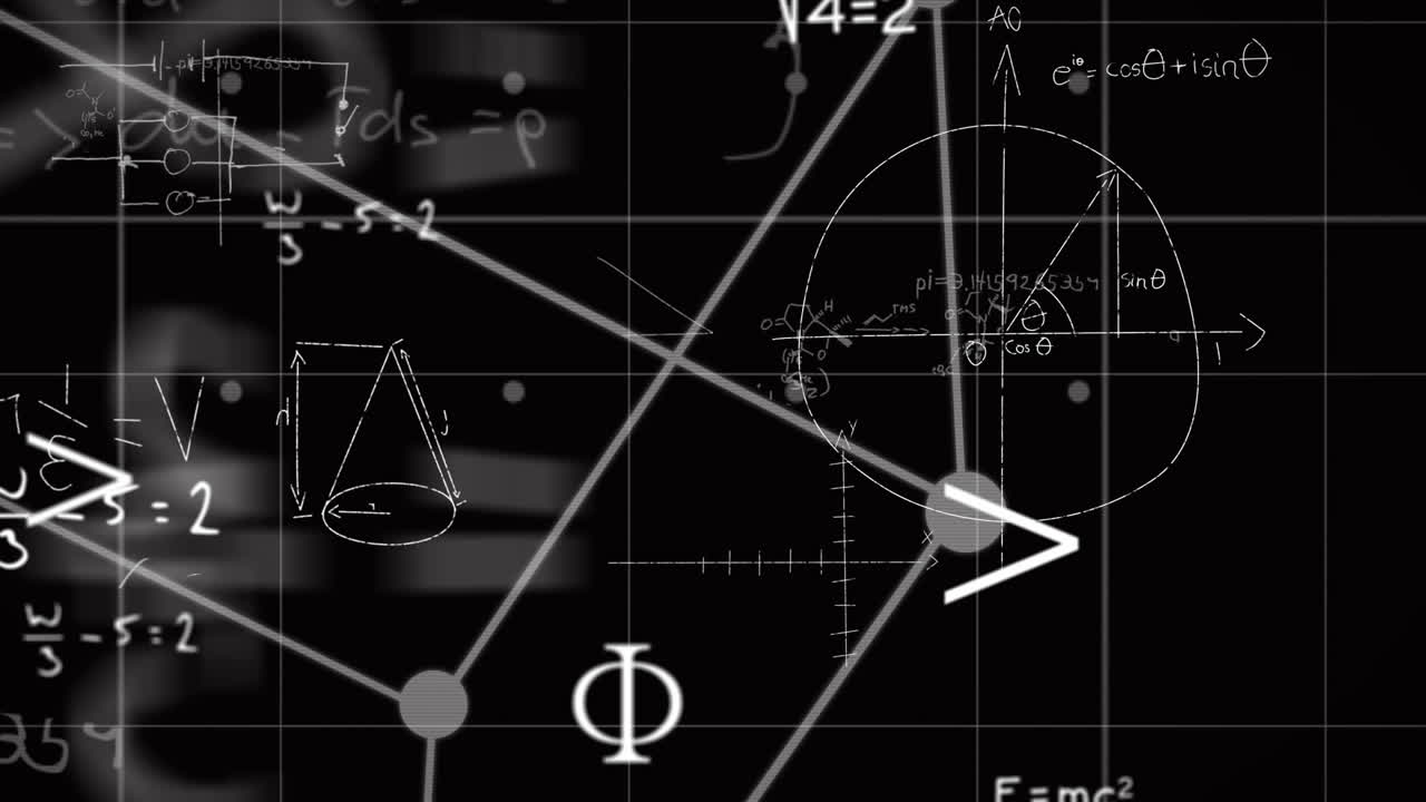 검은색 바탕에 그리드 위의 수학적 데이터 처리의 애니메이션