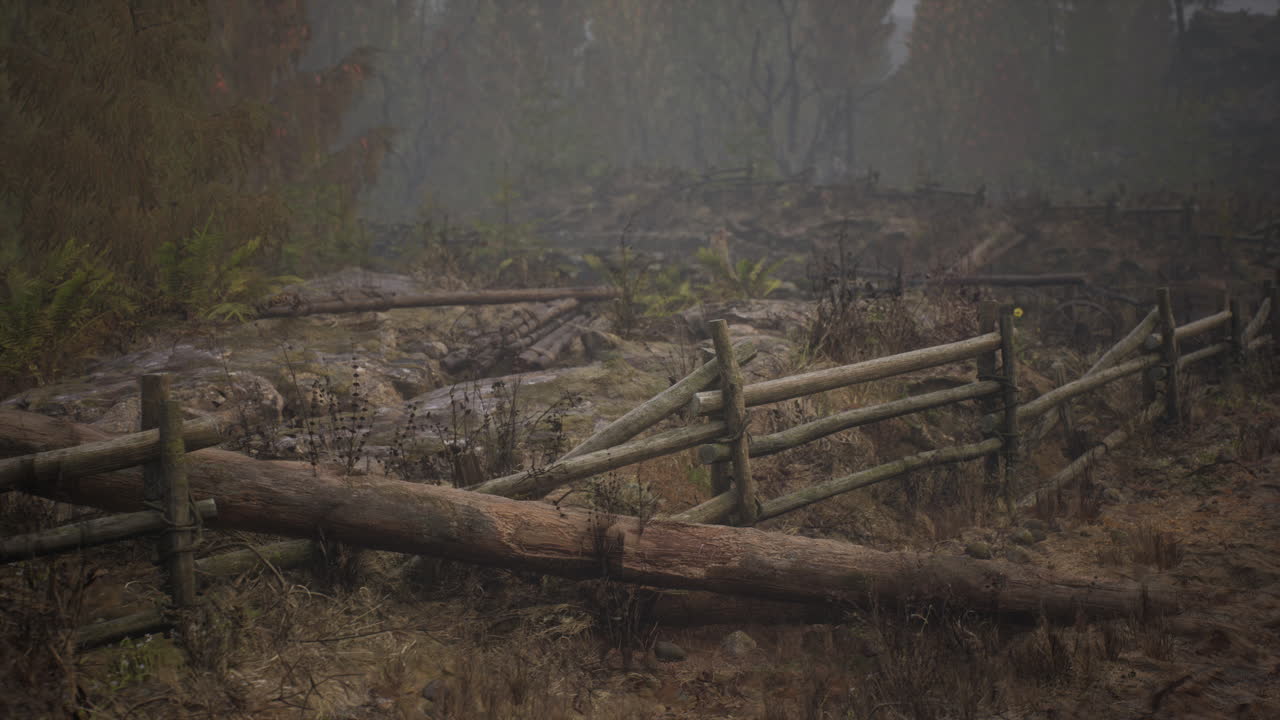 una vieja valla de madera con un campo de campo detrás de ella