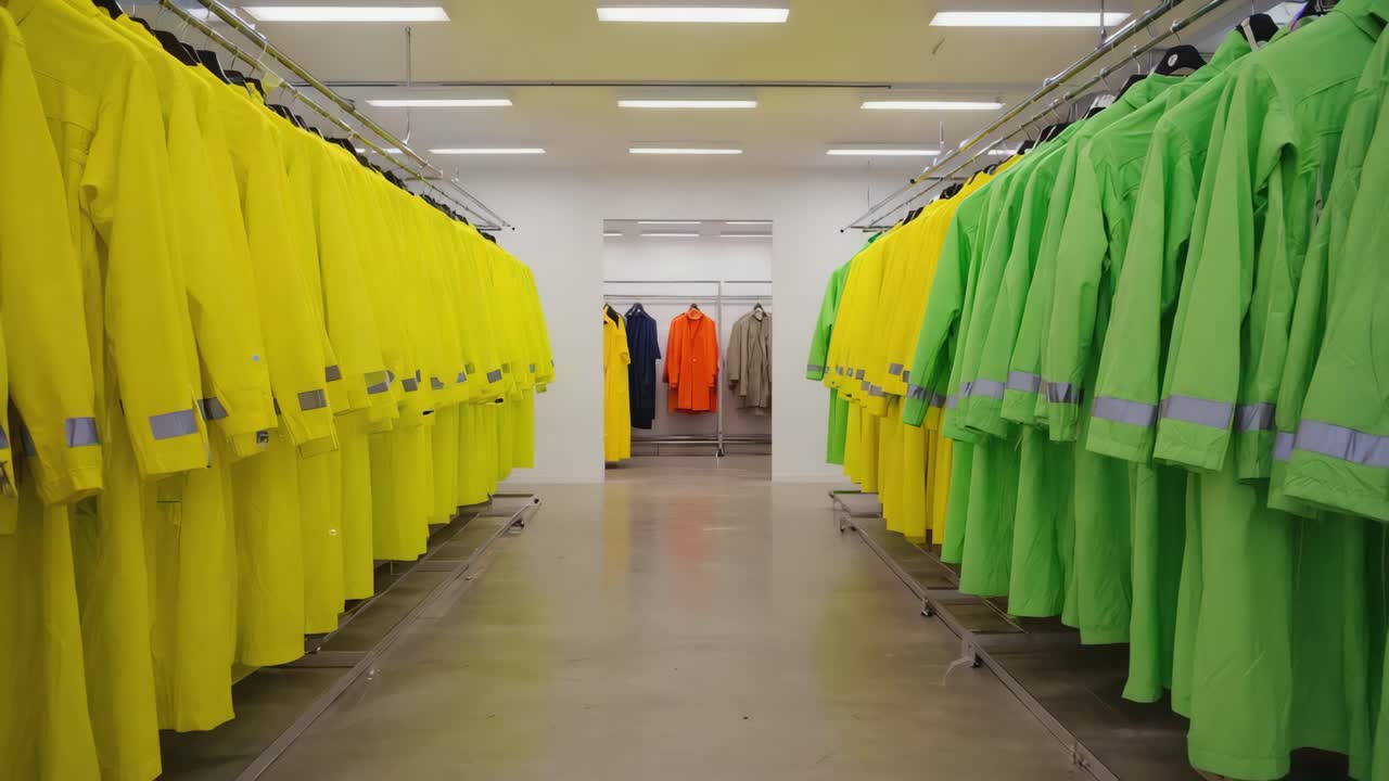 Rows of Yellow and Green Raincoats in an Industrial Setting
