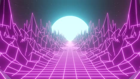 animación 3d de luz de neón rosa púrpura oscuro espacio galáctico con montaña de horizonte de la década de 1980. 80 retro futurista ciudad cyberpunk fondo diseño de paisaje de cuadrícula abstracta en gráfico en movimiento. video 4k.