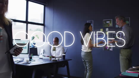 good vibes text animation over people working in modern office