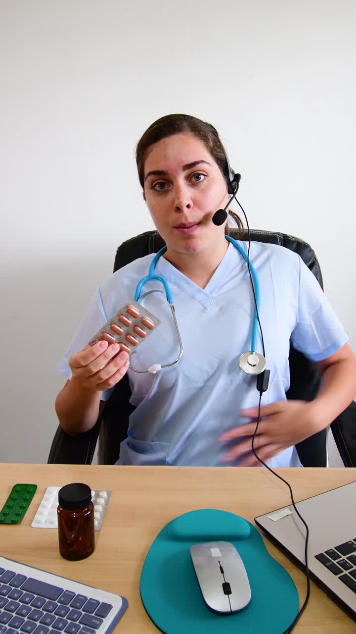 Healthcare online. Female doctor working in her office at clinic.