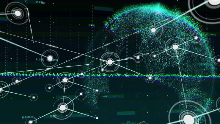 Vertical video: Base pulse sparking nodes, data net growing and linking to dot globe showing links