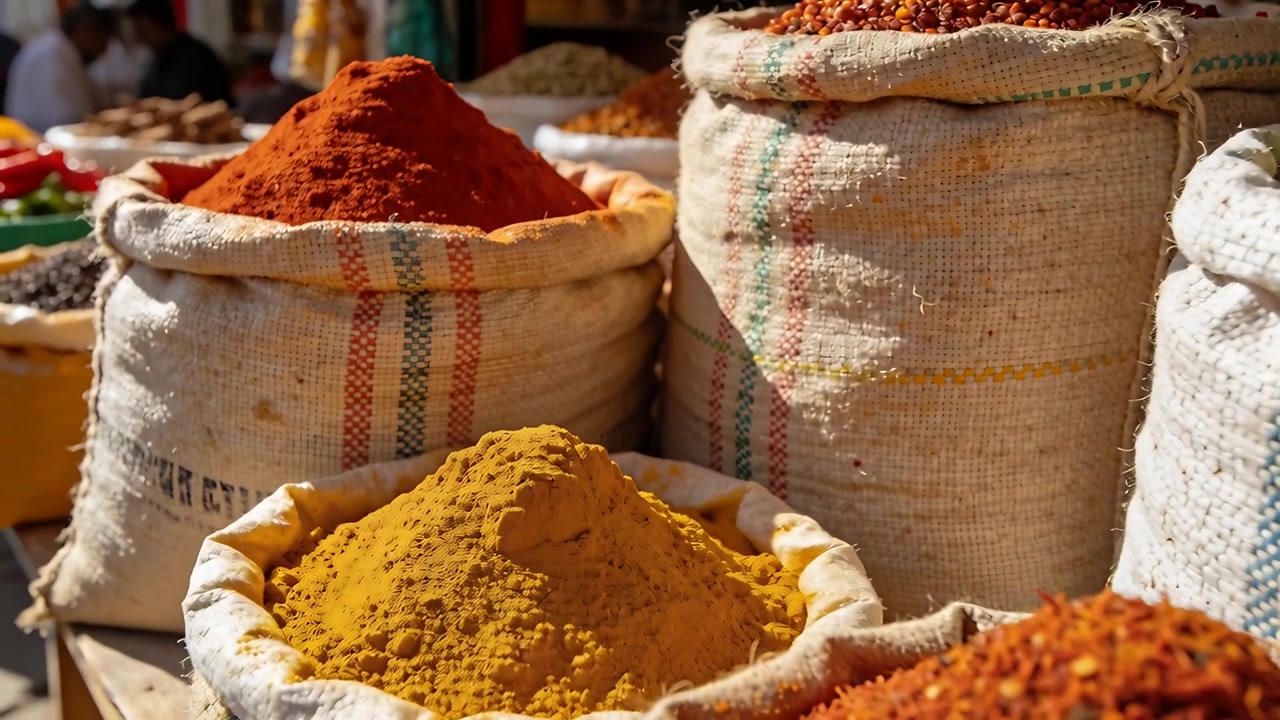 Panning camera revealing burlap spice sacks sliding in sunlit market moving red mound into view