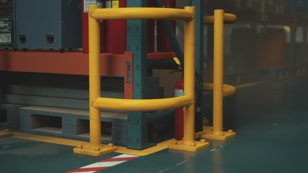 близко к красному огнетушителю на поддоне в складе