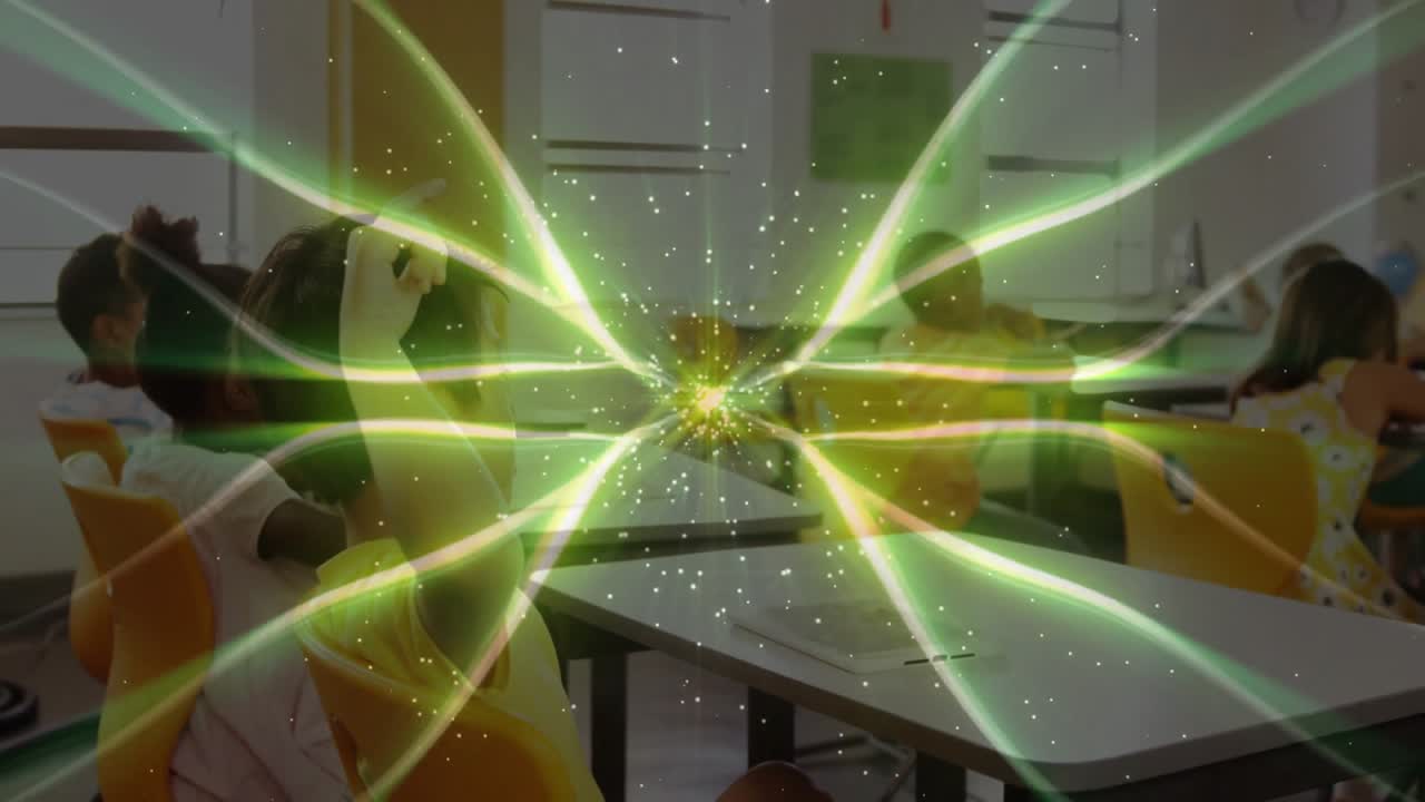Teacher asking question while boy raising hand, green rays pulsing around classroom desks
