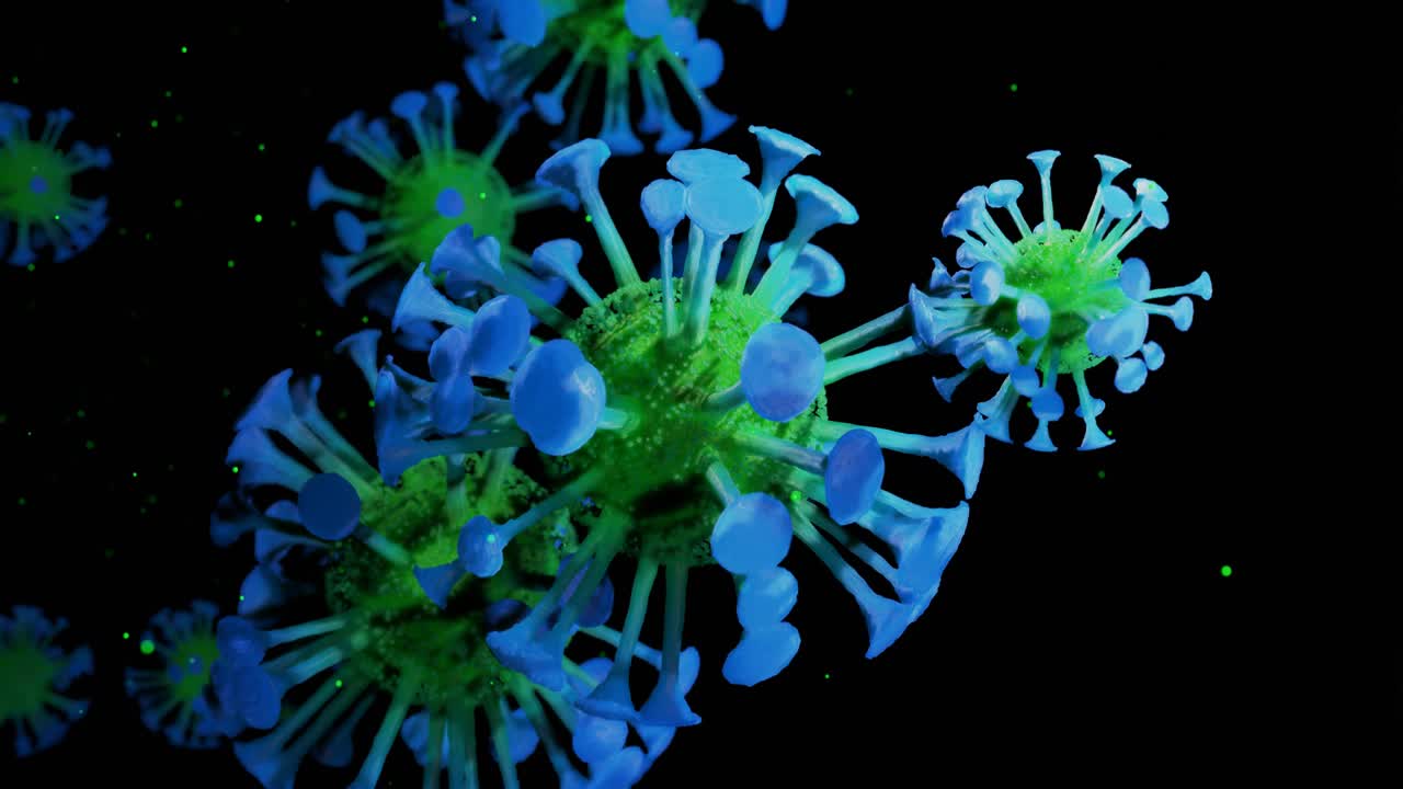 코로나19 (h1n1), 조류 독감 또는 돼지 독감이 액체에서 부드럽게 움직이는 바이러스의 3d 표현, 미생물학적 현미경 루프 배경으로 녹색 파란색 그라디언트 2