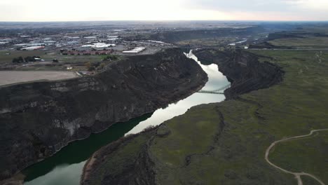 Aerial-View-of-Twin-Falls,-Idaho-USA,-Snake-RIver-Canyon-and-Perrine-Bridge,-Drone-Shot