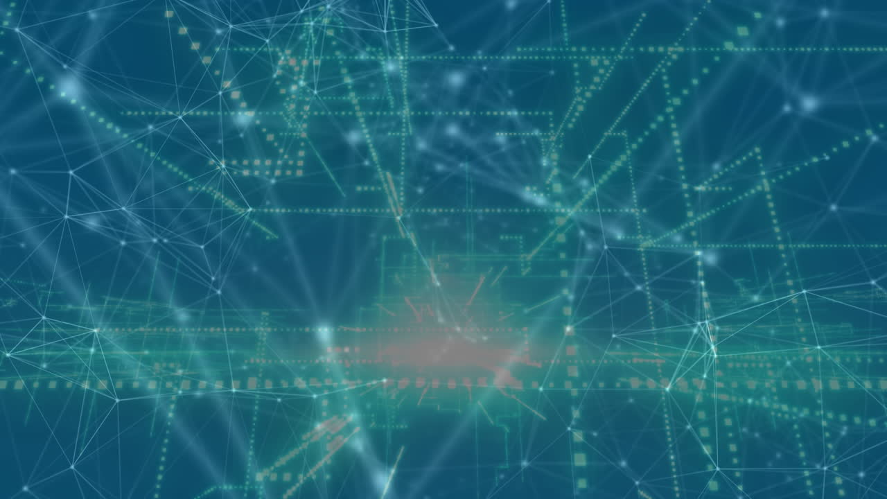 animación de la red de conexiones sobre la construcción 3d girando sobre fondo azul