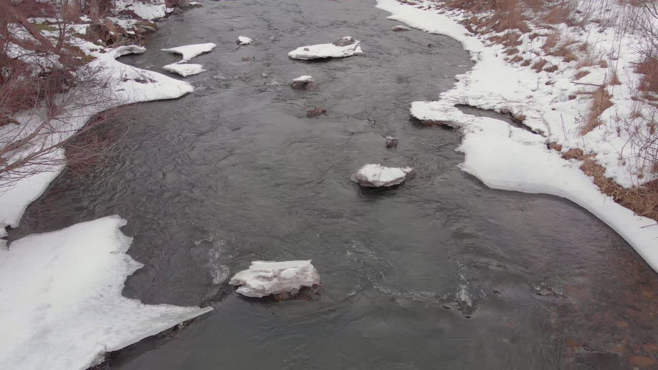루마니아의 낙엽수림 근처에서 겨울에 거의 얼어붙은 강의 최고 전망