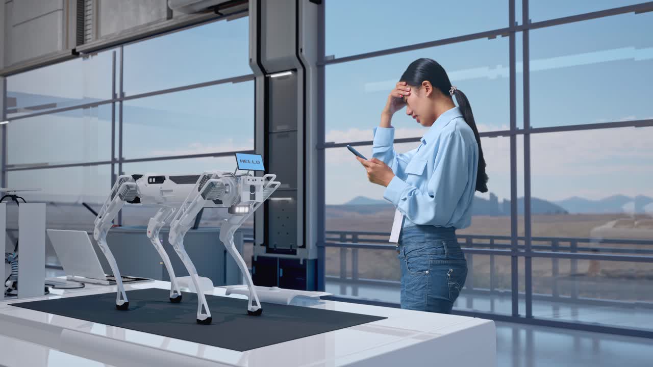 una mujer con problemas con un perro robótico en una oficina moderna.