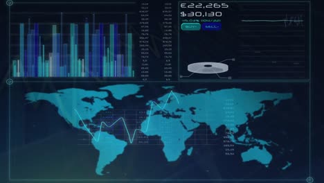 animación de estadísticas y procesamiento de datos financieros sobre el mapa del mundo
