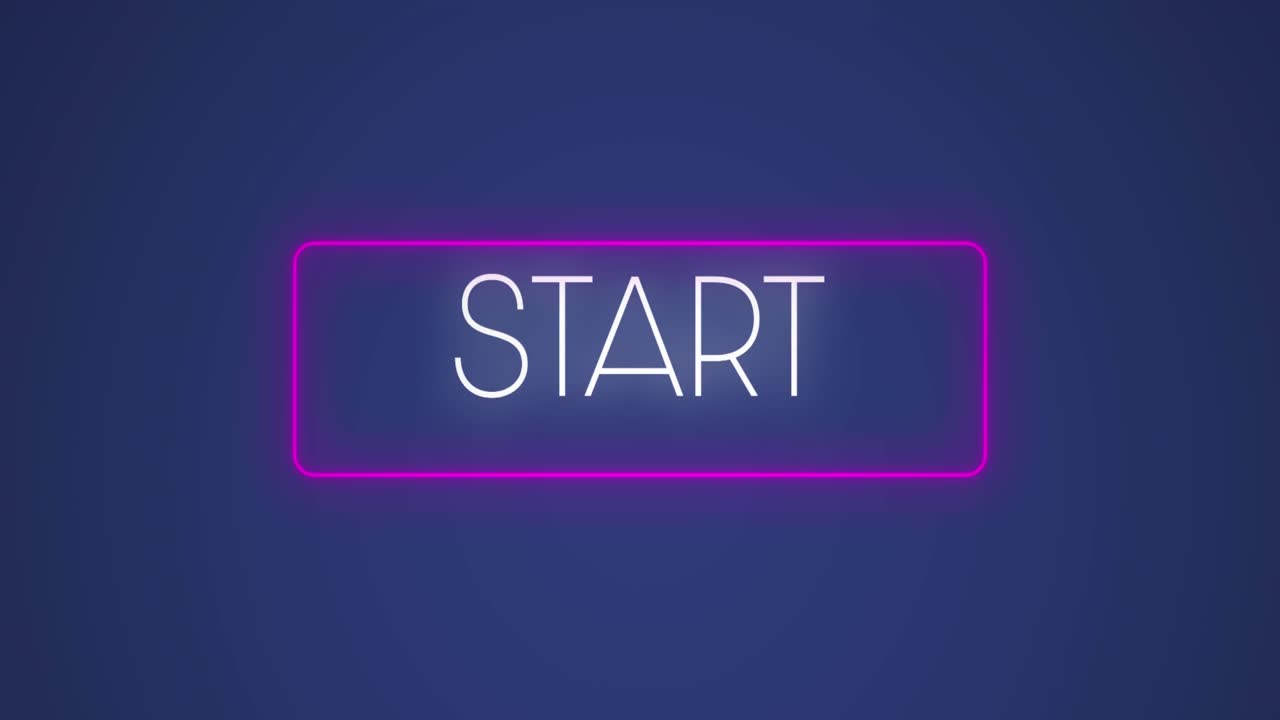 animación del texto de inicio sobre una pancarta púrpura de neón contra un fondo azul.