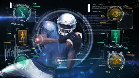 animación del procesamiento de datos sobre el jugador de fútbol americano afroamericano masculino atrapando.