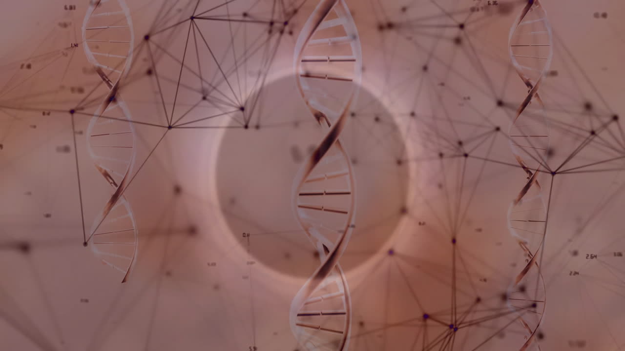 Animation of DNA strands and network connections on abstract geometric background